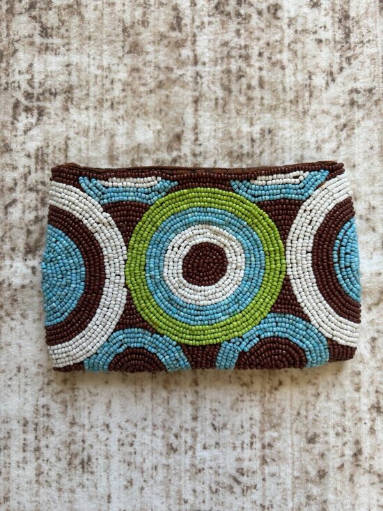 AREA Handbags - AREA Beaded Geometric Zip Pouch Coin Purse Brown Turquoise Green